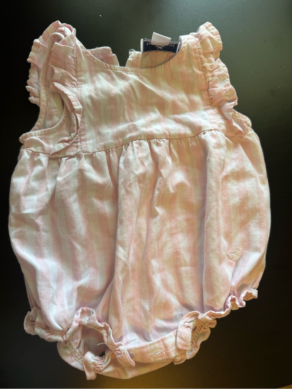 Petite Plume Pink Stripe Ruffle Bubble Romper 6/12M